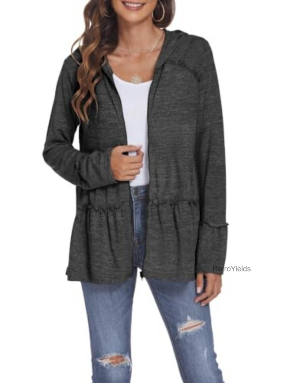 Plus Size Zip Up Hoodie Ruffle Trim Lightweight Long Sleeve Sweatshirt